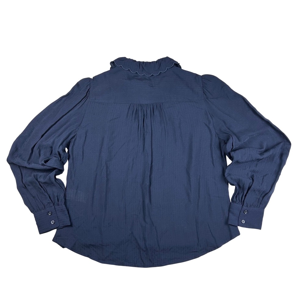 Banana Republic‎ Navy Blue Ruffle Scallop Collar Dobby Blouse Petite S - Picture 2 of 9